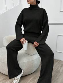 EURMUSE 素色長袖毛衣與針織長褲兩件套,適合高個女性 - 黑色 - 查看 5