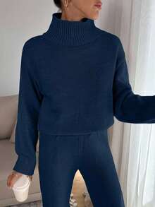 EURMUSE Women Relaxed Fit Turtle-Neck Sweater With Rib Knit Detailed And Straight Knit Pant Set,Co Ord,Winter Clothes - Navy Blue - View 7