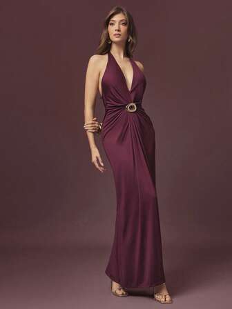 L'Amorae Women's Solid Color Deep V-Neck Sleeveless Halter Neck Metal Buckle Decor Elegant Maxi Dress