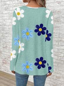 EMERY ROSE Casual Minimalist Daily Commute Versatile Retro Blue-Green Floral Textured Print Pattern V-Neck Dropped Shoulder Loose Long Sleeve Women T-Shirt, Warm And Comfortable For Autumn/Winter New Year Party - Multicolor - View 2