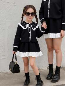 SHEIN Playful Pals Young Girl Casual And Cute Black Knitted Long-Sleeved Cardigan With Pearl Contrast Color And A Ruffled Knitted Short Skirt. Soft And Comfortable, Suitable For Daily Occasions, Outdoor Scenes, Travel Scenes, Vacation Scenes, Home Scenes, Nursery Scenes, And Children Playing - Black - View 5