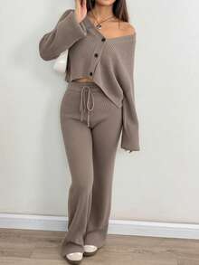 SHEIN EZwear 秋冬女士休闲纯色宽肩带开衫和抽绳腰喇叭裤两件套 - 咖啡棕 - 查看 4