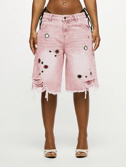 SUMWON WOMEN Distressed Denim Shorts With Eyelet Details And Frayed Hem For Women Summer Casual Wear
