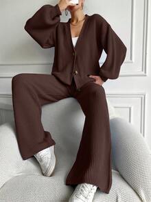 EURMUSE 2pcs/Set Women Solid Color Loose Knit Sweater And Wide Leg Pants - Brown - View 3