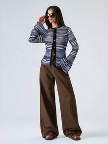 LYSMO Áo thun dệt kim sọc xanh thời trang dành cho nữ có cổ tròn và tay áo dài độc đáo, áo khoác cardigan mỏng, áo khoác cardigan nữ, áo khoác cardigan sọc, áo len cardigan nữ, quần áo mùa thu, quần áo mùa thu cho nữ - Màu xanh lam - Xem 4