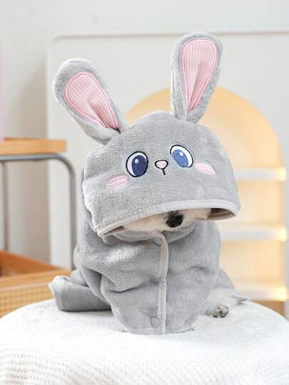 PETSIN 1 Pet Absorbent Towel, Soft, Thick, Quick Drying Cute Gray Bunny Hooded Bathrobe With Adjustable Strap, Suitable For Dogs To Bathe And Groom