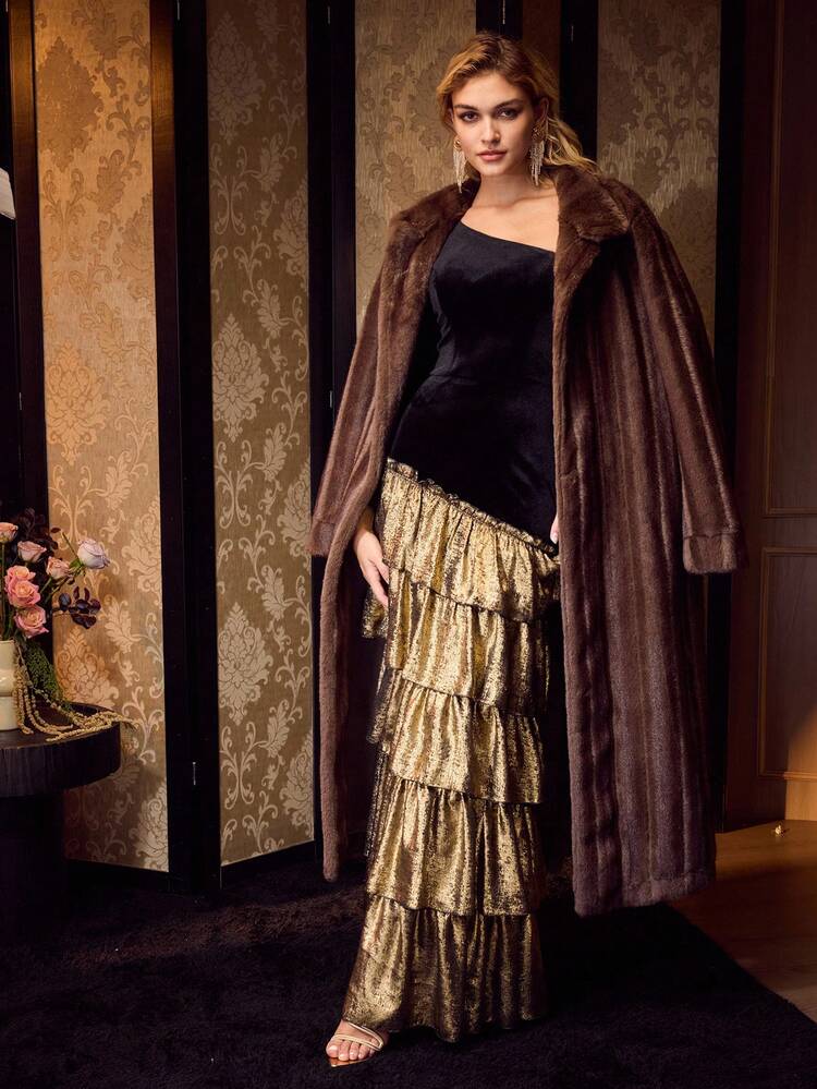 MOTF Soiréza ELEGANTE VESTIDO DE NOCHE DE UNA SOLA MANGA LARGA AJUSTADO DE LARGO HASTA EL SUELO CON VOLANTES MULTICAPA PARA FIESTAS DE CÓCTEL Y GALAS