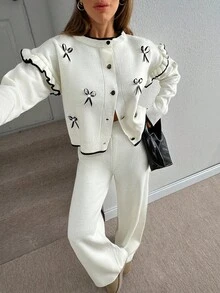 EURMUSE French Sweet Style Knit Cardigan Sweater Jacket For Women, With Embroidered Design, Paired With Flare Leg Pants, Autumn,Loungewear Set,Winter Co Ord Set,Co Ord,Winter Clothes,Knitted Co Ord Set - White - View 4