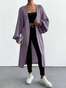 EURMUSE Women Casual Solid Color Long Cardigan, Autumn/Winter,Petite Cardigans,Cardigans - Lilac Purple - View 3