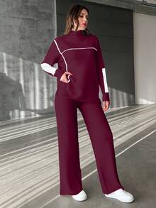 EURMUSE Women's Contrast Color Stand Collar Long Sleeve Sweater And Knitted Pants Casual 2 Pieces Set - Burgundy - View 3