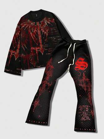 Grunge Punk 2 pièces Ensemble Top à manches longues col rond imprimé tout-sur-tout et pantalon de survêtement évasé pour hommes, automne/hiver