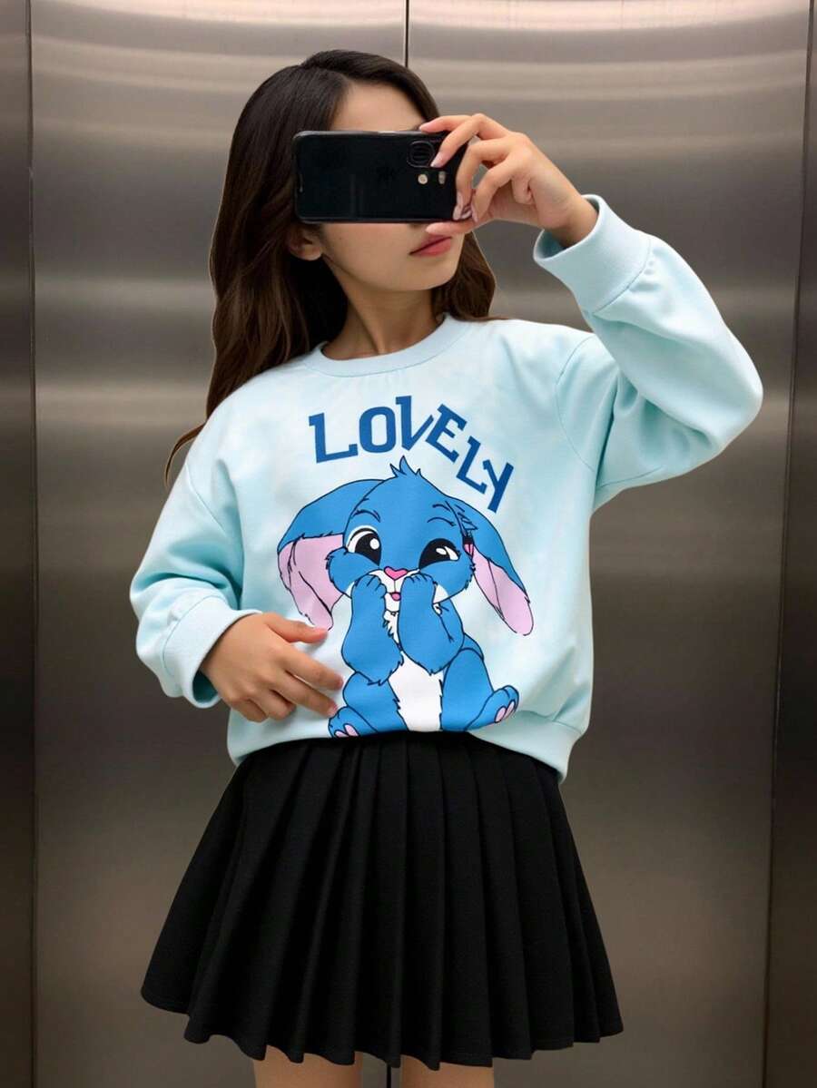 2pcs/Set Young Girl Blue Graphic Print & Tie-Dye Effect Sweatshirt With Pleated Skirt, Casual & Chic School/Work Outfit - Multicolor - View 1