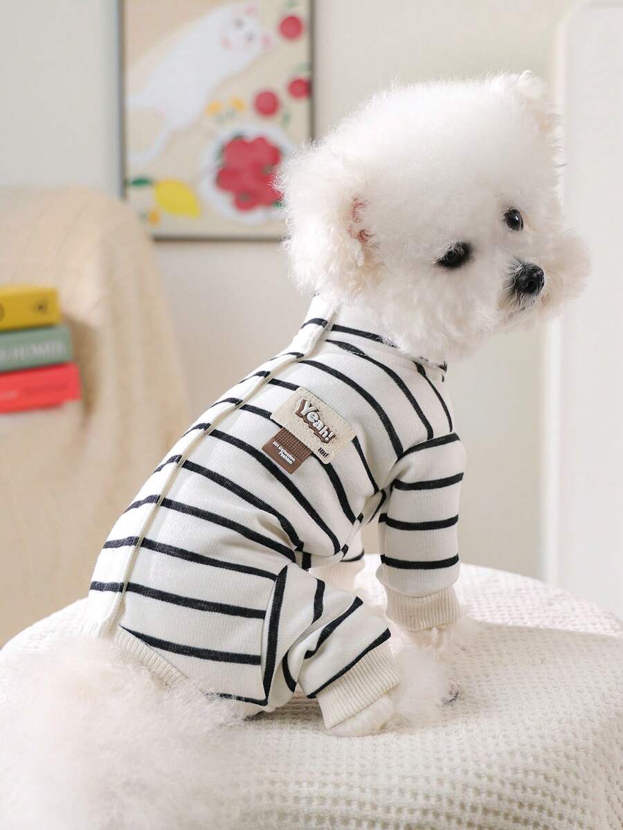 PETSIN 1pc Cat And Dog Universal Autumn And Winter Clothes, Black And White Striped Comfortable Jumpsuit, Winter Warm All Inclusive Belly Home Clothes Four Legged Clothes - 黑白條 - 查看 1