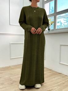 EURMUSE Vestido suéter de cuello redondo con caída de hombros y patrón de cable - Verde Oscuro - Ver 4
