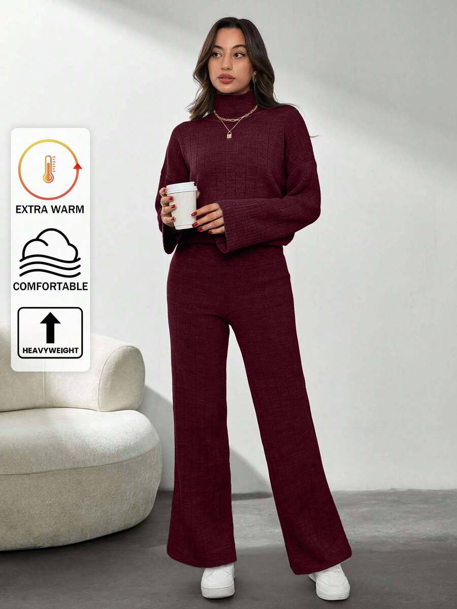 SHEIN Tall Solid Color Long-Sleeved Sweater And Knitted Trousers Two Pieces Set,Petite,Winter Clothes, Tall Women - Burgundy - View 1
