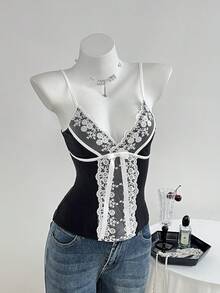 Elamini 女士休闲蕾丝拼布针织吊带背心，秋冬 - 黑色 - 查看 6