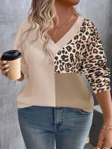 EMERY ROSE Camiseta de manga larga con cuello en V, textura de jacquard a cuadros, parches de color contrastante para mujer en otoño/invierno