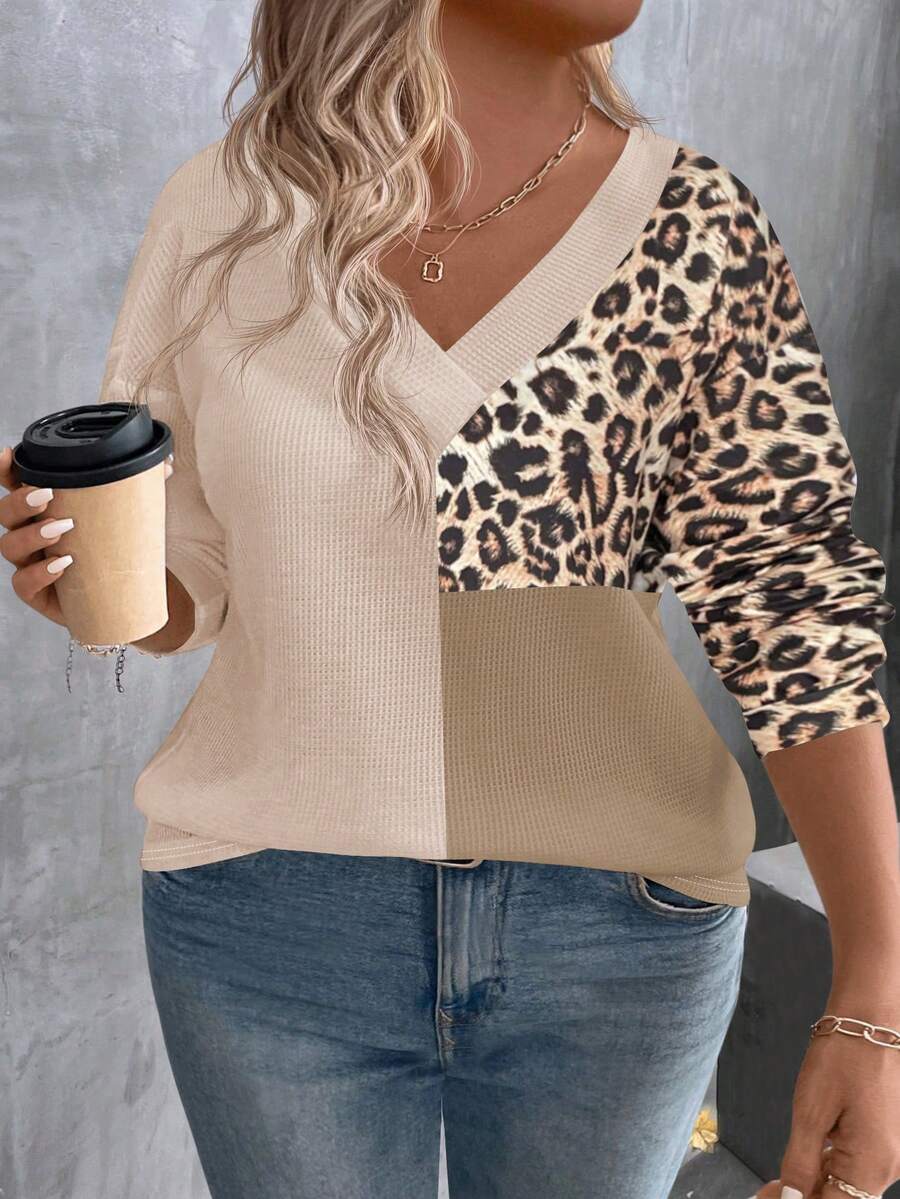 EMERY ROSE Camiseta de manga larga con cuello en V, textura de jacquard a cuadros, parches de color contrastante para mujer en otoño/invierno