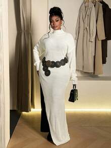 Maweii Plus Size Women Fashion Solid Color Stand Collar Long Sweater Dress - Beige - View 1