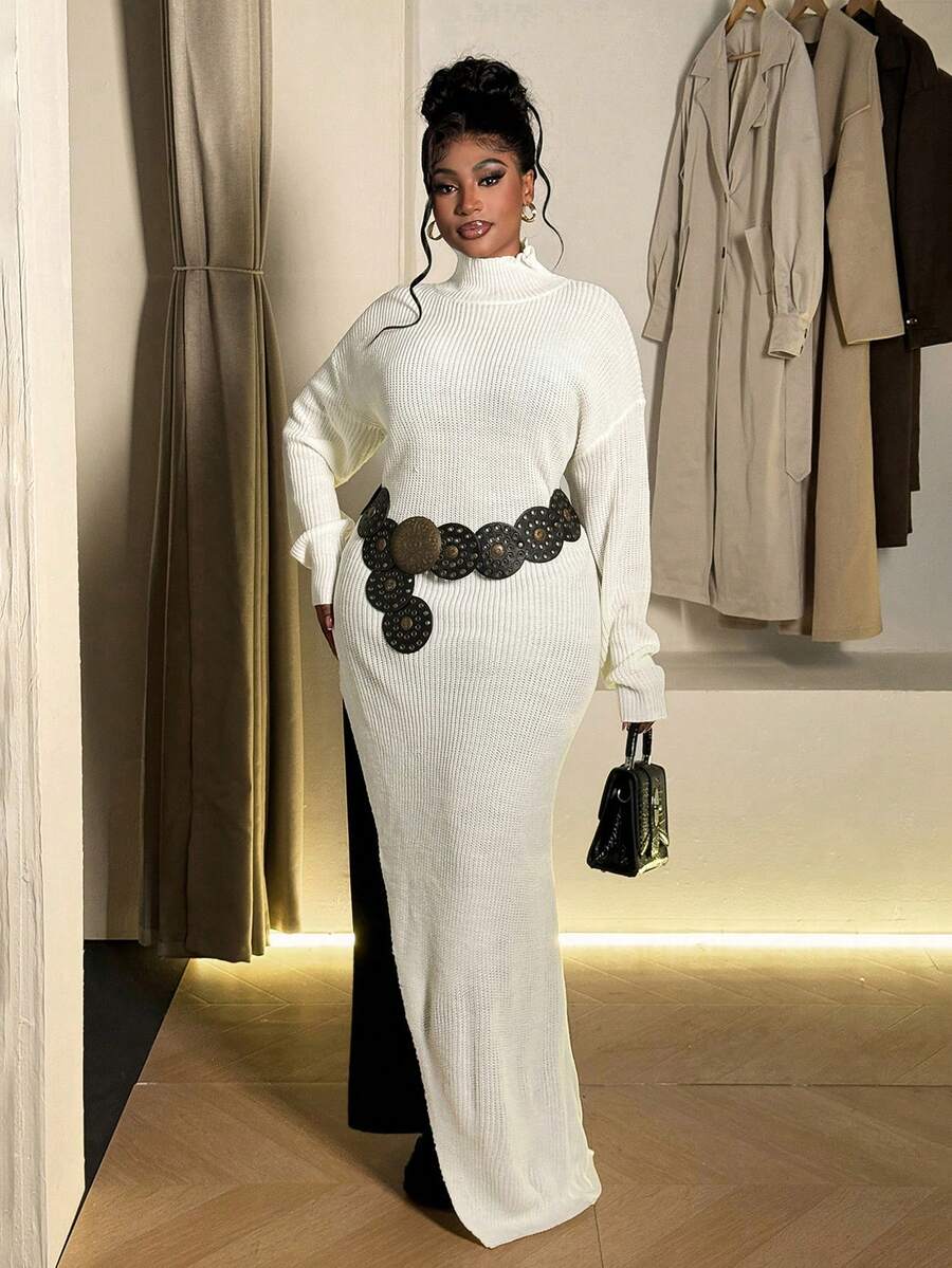 Maweii Plus Size Women Fashion Solid Color Stand Collar Long Sweater Dress - Beige - View 1