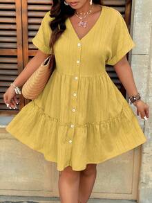 SHEIN Clasi Plus Size V-Neck Textured Fabric Raglan Short Sleeve A-Line Ruffle Hem Casual Vacation Commute Party Dress - Yellow - View 7