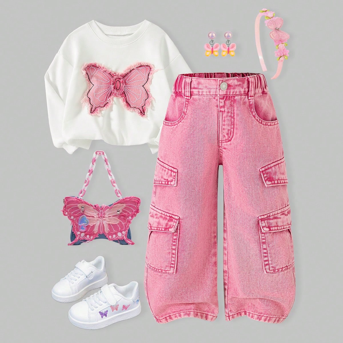 Conjunto de 2 piezas para niñas jóvenes: Sudadera blanca de manga larga con bordado de lazo y pantalones cargo de cintura elástica magenta con bols