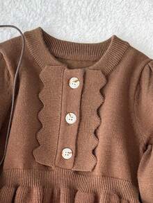 SHEIN Playful Pals Toddler Girls' Sweater Set, Long Sleeve With Extra-Large Ruffle Hem And Pants, Light Camel Brown Baby Girl Set Autumn Winter Brown Baby Girl Set Puffed Sleeve Baby Outfit Brown Baby Girl Outfit - Coffee Brown - View 6