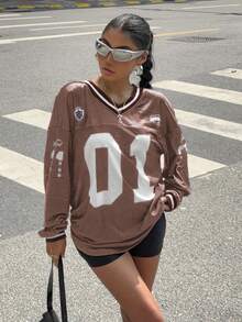 Muchica Áo thun in chữ và số mới dành cho nữ, trở lại trường, phù hợp mặc hàng ngày - Cà phê nâu - Xem 5