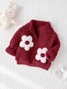 Cozy Pixies Baby Girl Floral 3D Graphic Stand Collar Long Sleeve Half-Zip Fleece Pullover Sweatshirt In Fall/Winter - Red - View 7