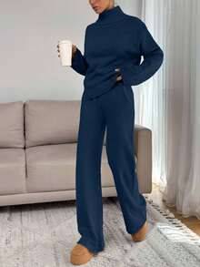EURMUSE Women Relaxed Fit Turtle-Neck Sweater With Rib Knit Detailed And Straight Knit Pant Set,Co Ord,Winter Clothes - Navy Blue - View 3