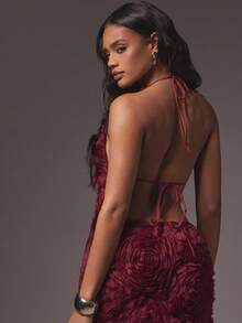 Hauture 女式性感3D花卉玫瑰花装饰晚会露背上衣 - 中紫紅色 - 查看 2