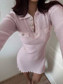 SHEIN Unity Women's Casual Autumn/Winter Knit Dress With Rhinestone Buttons And Collar - Pink - View 4