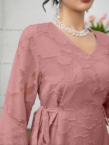 Modelyn V-Neck Jacquard Fabric Waist Bowknot Dress With Flared Hem, Plus Size, Long Sleeve - Pink - View 6