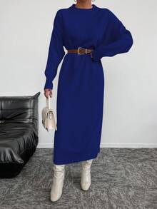 EURMUSE 女式纯色圆领长袖休闲日常针织连衣裙 - 藏蓝色 - 查看 5