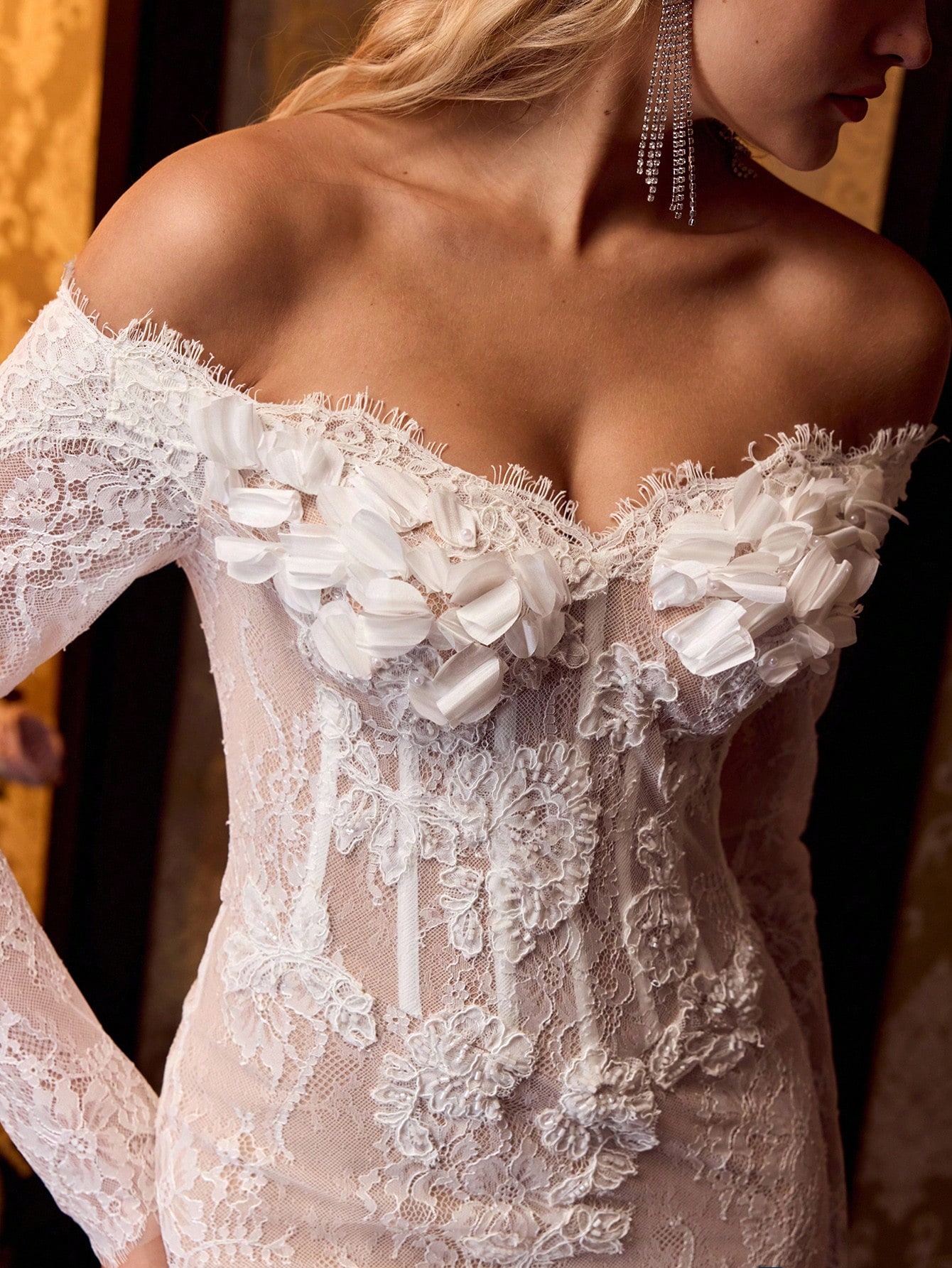 MOTF Soiréza 여성용 오프숄더 플로럴 장식 긴소매 섹시한 레이스 칵테일 드레스｜Motf, image size:1340x1785