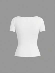 SHEIN EZwear Bộ 5 áo thun nữ cổ tròn tay ngắn màu trơn, kiểu dáng cơ bản, nhiều màu - Hồng - Xem 15