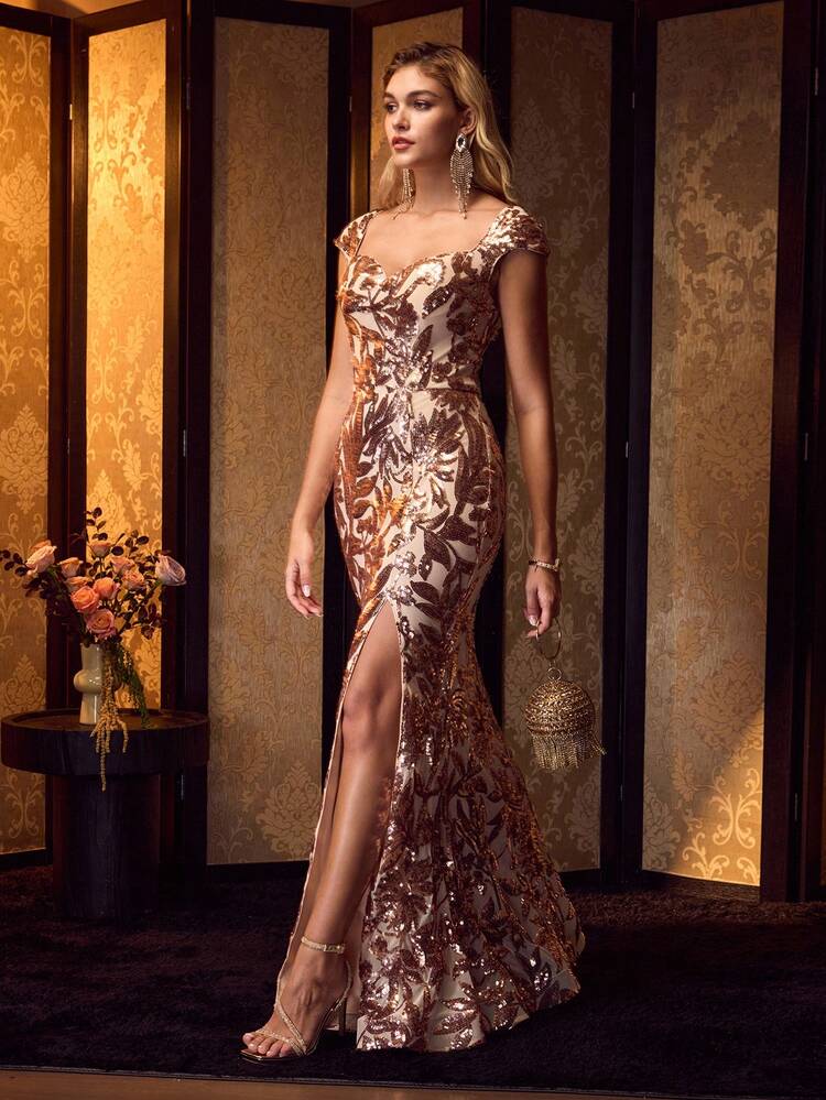 MOTF Soiréza ELEGANT SWEETHEART NECKLINE HIGH-SLIT MERMAID HEM FLOOR-LENGTH PARTY GOWN WITH ELABORATE SCROLLING FLORAL SEQUIN EMBROIDERY & FORM-FITTING SHEATH SILHOUETTE – PERFECT FOR YEAR-ROUND WEDDINGS, GALAS & UPSCALE EVENTS