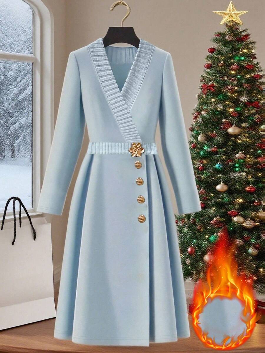 GlowEve 女士优雅V领A字蓝色连衣裙 - 藍色 - 查看 1