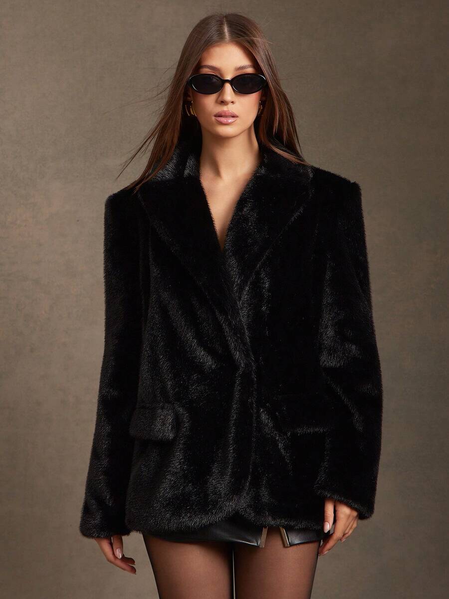 L'Amorae 女士肩部装饰人造毛皮西装外套 - 黑色 - 查看 1