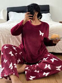 Plus Size Butterfly Flannel Long Sleeve Top & Long Pants Fluffy Pajama Set, Cozy Winter Clothes - Red - View 5