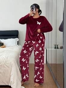 Plus Size Butterfly Flannel Long Sleeve Top & Long Pants Fluffy Pajama Set, Cozy Winter Clothes - Red - View 7