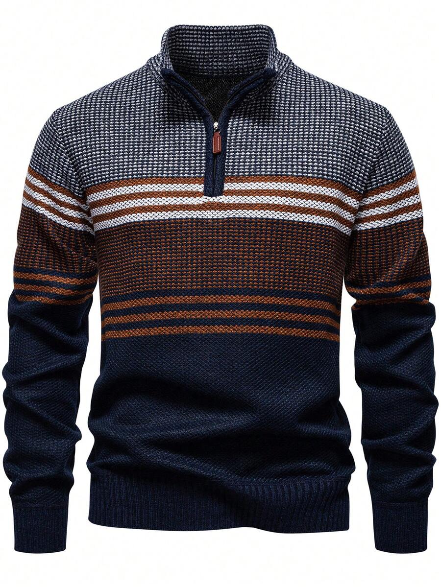 Manfinity Homme 男士条纹长袖半拉链休闲毛衣，秋季，Old Money，冬季 - 藏蓝色 - 查看 1