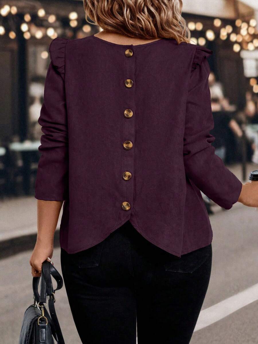 SHEIN Clasi Plus Size Women Regular Ruffle Hem Long Sleeve Shirt, Autumn/Winter - Burgundy - View 1