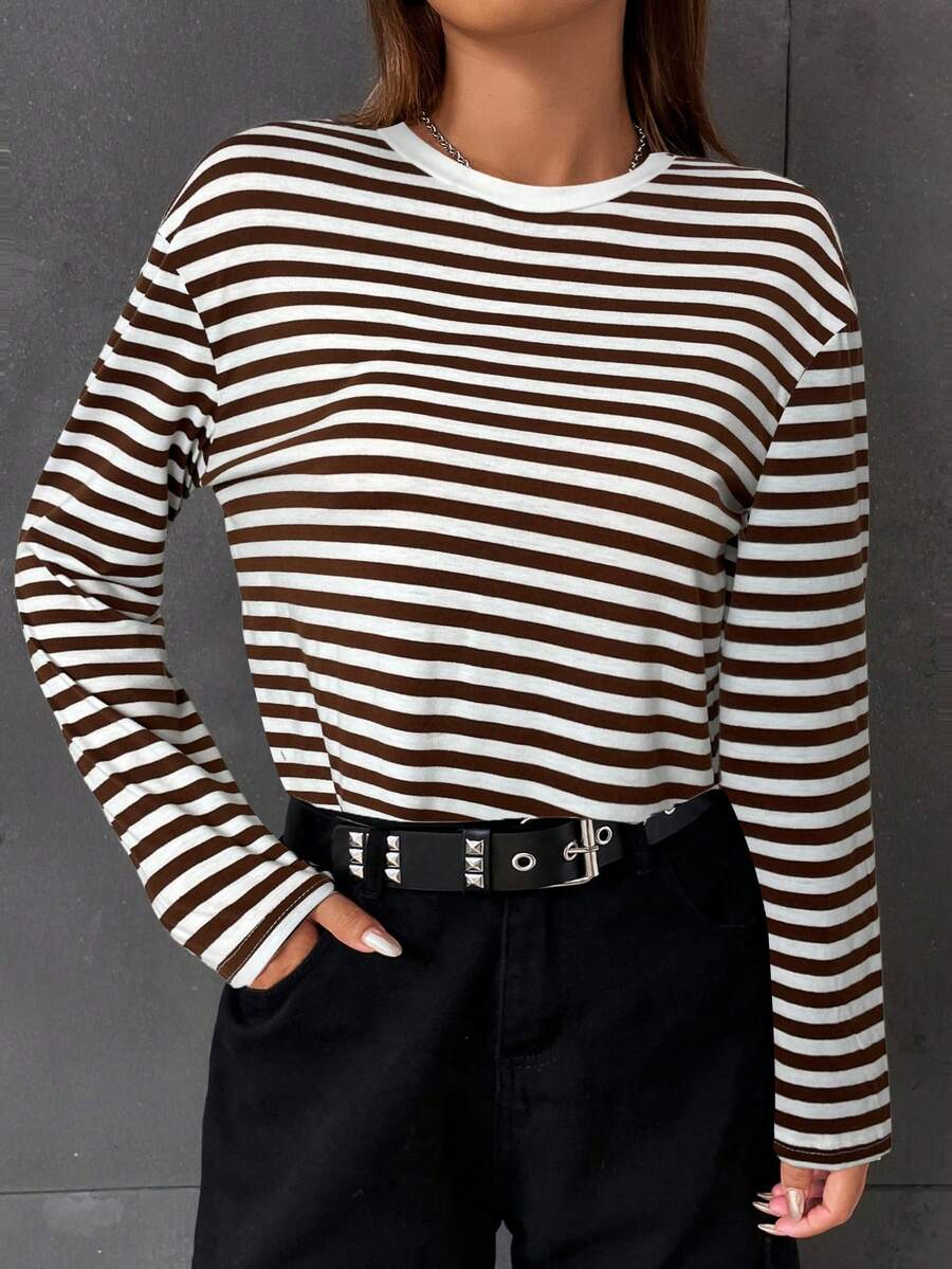 SHEIN EZwear 女款條紋印花圓領休閒落肩長袖上衣,棕色條紋長袖上衣,秋季條紋襯衫 - 棕色 - 查看 1