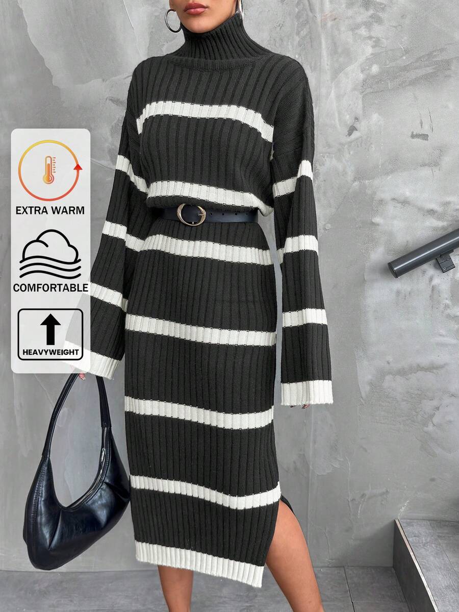 EURMUSE Women Frenchy Black And White Striped Turtle Neck Knit Dress,Petite - Dark Grey - View 1