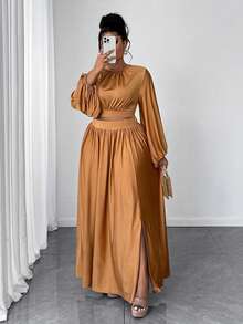 Maweii Plus Size Women's Elegant And Simple Party Solid Color Casual Simple Knitted Two-Piece Set - Yellow - View 1