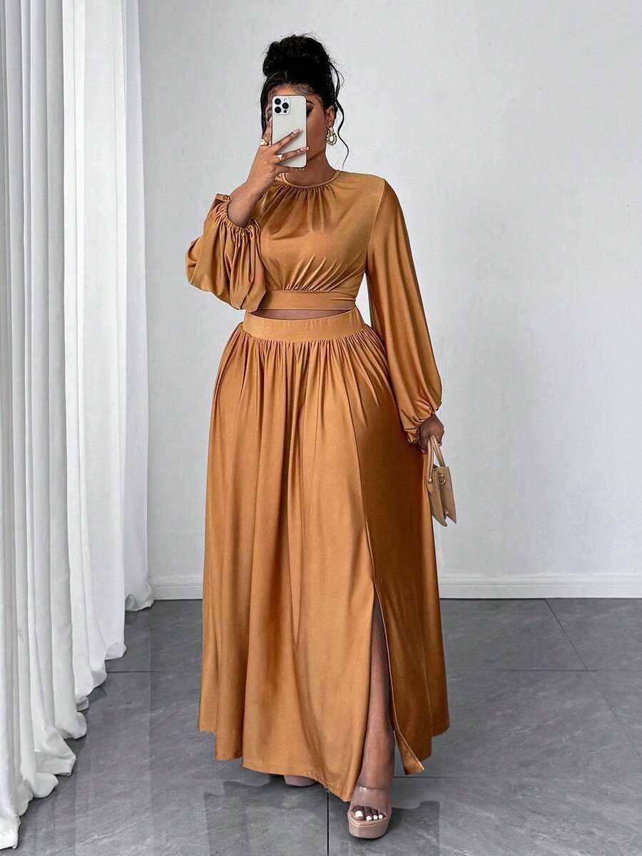 Maweii Plus Size Women's Elegant And Simple Party Solid Color Casual Simple Knitted Two-Piece Set - Yellow - View 1