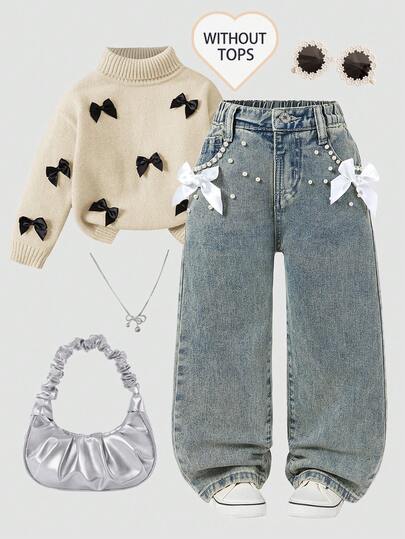 Elladie kids Jeans de pierna ancha para niñas, diseño de moda callejera dulce y fresco, recomendado para la temporada de regreso a la escuela. Presenta un diseño decorativo de lazo y perlas, cintura elástica para comodidad, cierre frontal con botón para facilitar el uso. Ajuste suelto y cómodo, adecuado para salidas, citas, uso diario, vacaciones en la playa, reuniones casuales con amigos. Una prenda de mezclilla de moda para todo el año.