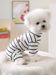 PETSIN 1pc Cat And Dog Universal Autumn And Winter Clothes, Black And White Striped Comfortable Jumpsuit, Winter Warm All Inclusive Belly Home Clothes Four Legged Clothes - 黑白條 - 查看 4