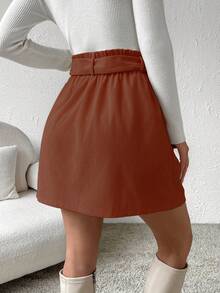 Pariaura 女式纯色灯芯绒前扣高腰休闲裙 - 咖啡棕 - 查看 3